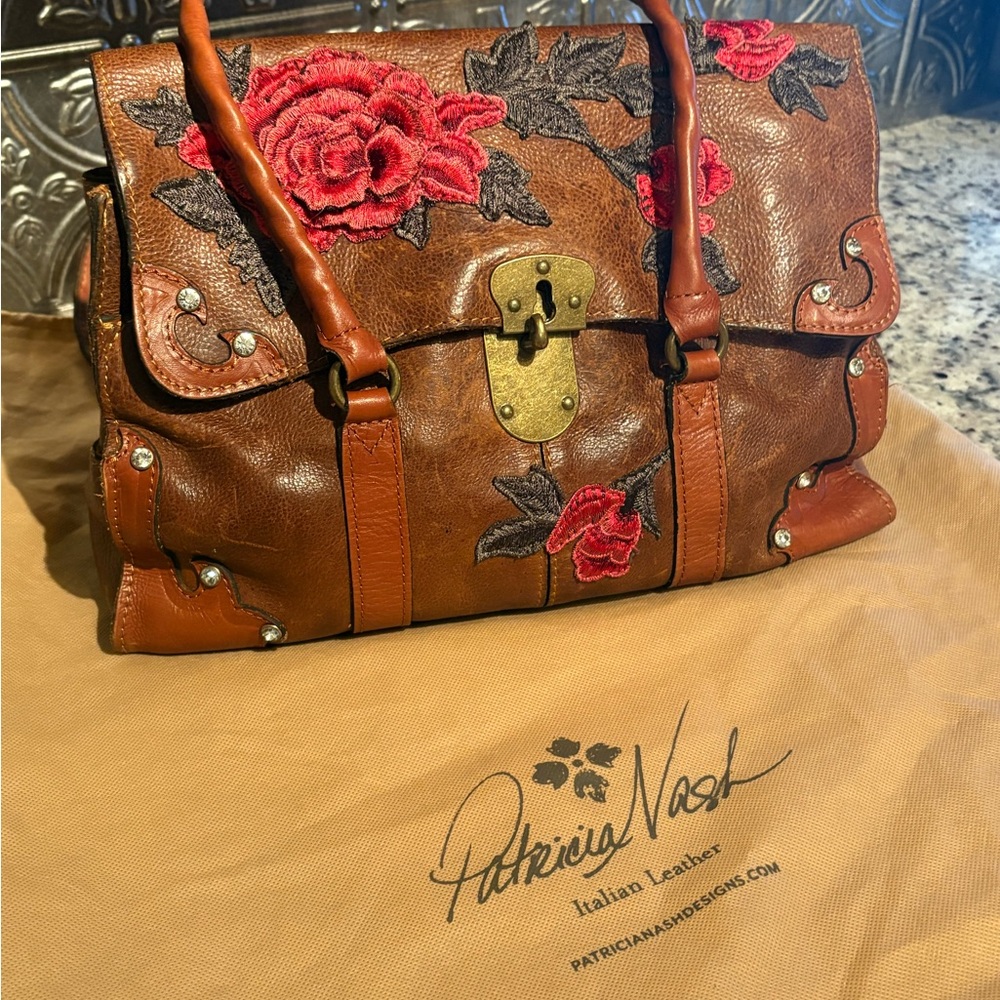 Patricia Nash Brown and Red Leather Satchel with Artistic Accents